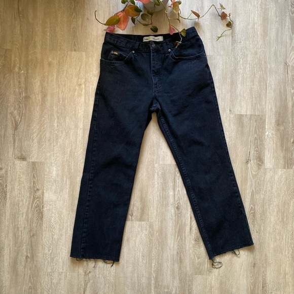 Vintage Lee Jeans High Waisted Straight Leg Black Denim Jeans Raw Hem - Picture 3 of 12